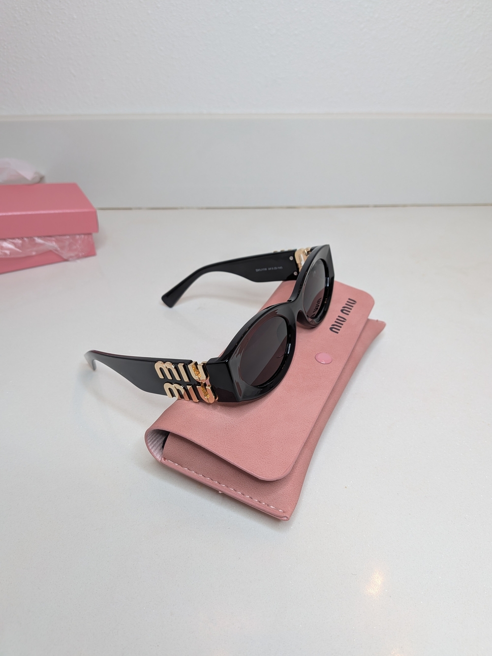 Miu Miu Black Oval Sunglasses Gold Logo w/ Case Box & Cloth - Picture 3 of 11